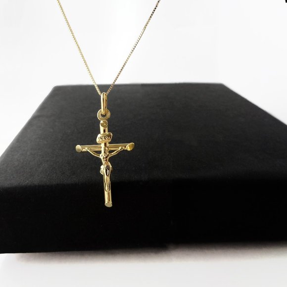 10K Gold Crucifix Pendant Necklace, Real Gold Cross Necklace Stamped 10K Italy - Picture 4 of 6
